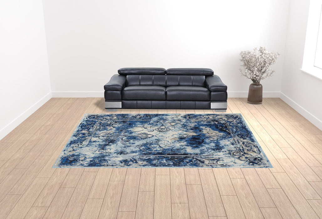 10' x 14' Floral Distressed Stain Resistant Area Rug - Blue Ivory And Gray