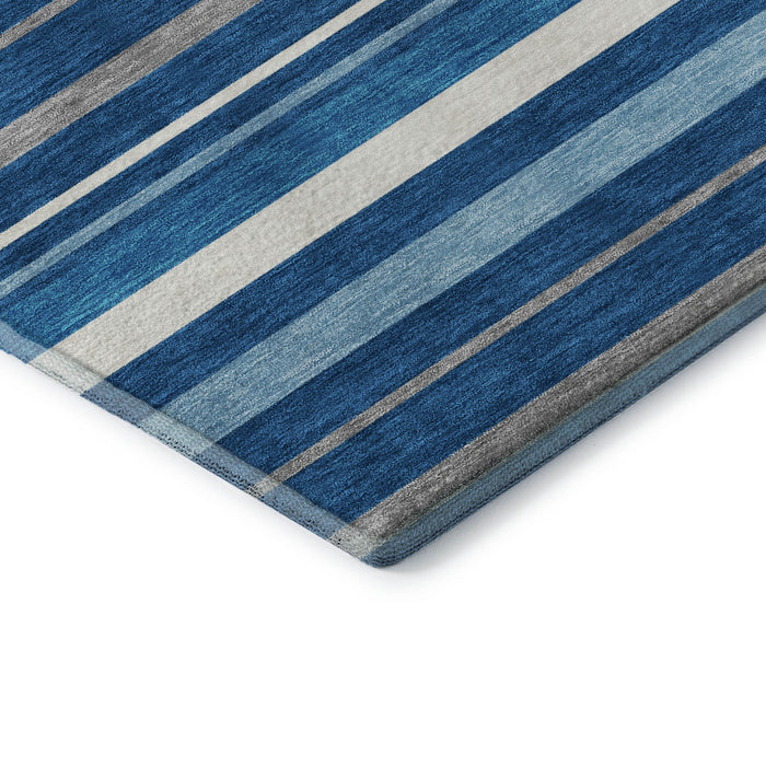 10' X 14' Striped Washable Area Rug With UV Protection (669913) - Denim Blue / Ivory / Gray