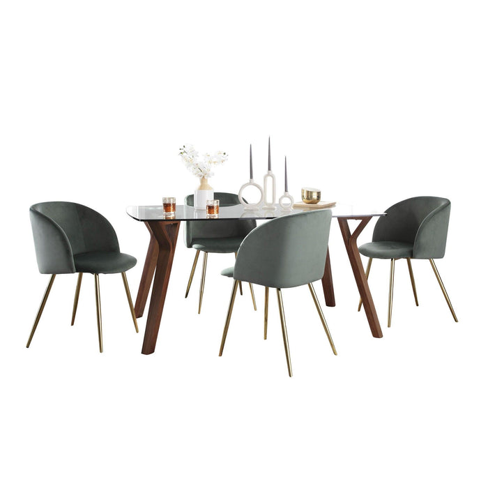 Folia - Fran 5 Piece Dining Set - Walnut Wood, Clear Glass, Sage Green Velvet, Gold Metal