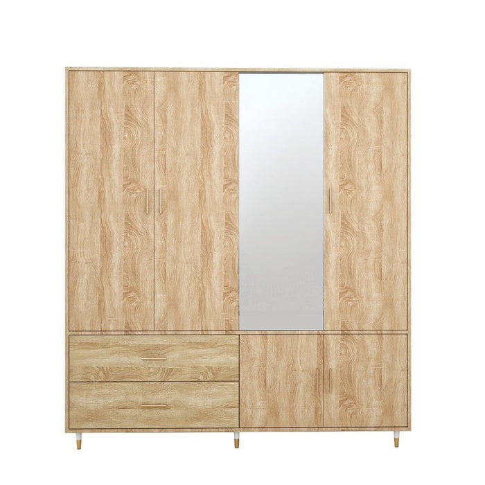 Natural wood wardrobe with four doors and two drawers, 71-inch HomeRoots Mirro dresser for spacious storage and classic style.