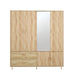 Natural wood wardrobe with four doors and two drawers, 71-inch HomeRoots Mirro dresser for spacious storage and classic style.