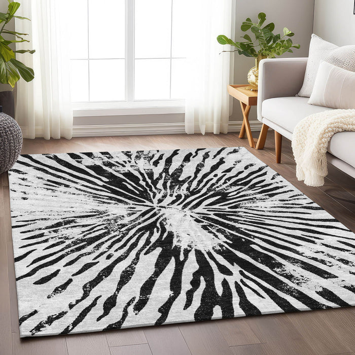 10' X 14' Zebra Print Washable Area Rug With UV Protection - Ivory And Black