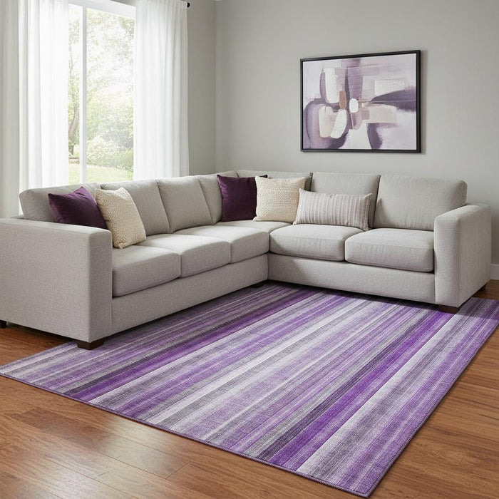 10' X 14' Striped Washable Area Rug With UV Protection (648406) - Purple / Ivory