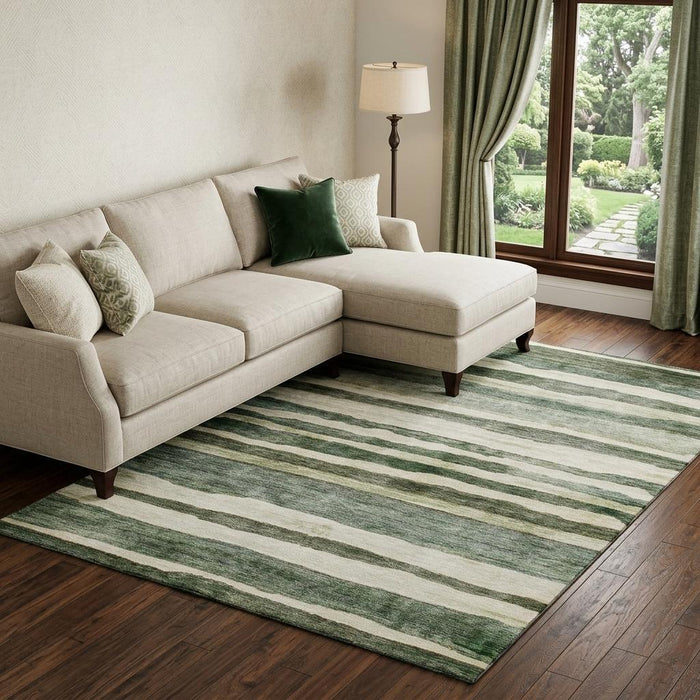10' X 14' Striped Washable Area Rug With UV Protection (688273) - Sage / Ivory / Beige