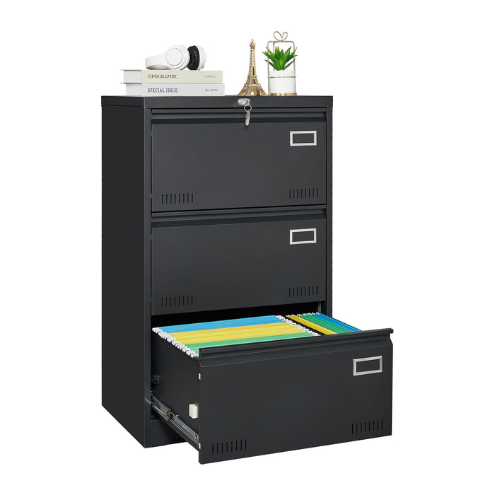 Giga 3-drawer locking metal lateral filing cabinet for office or home, with visible drawers and sturdy metal construction.