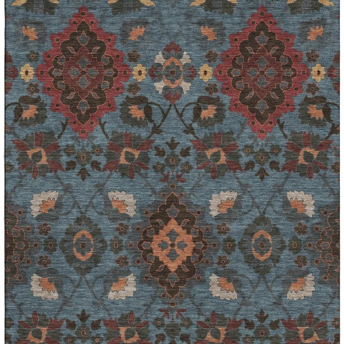 10' X 14' Oriental Washable Area Rug With UV Protection (678844) - Denim Blue / Red / Salmon