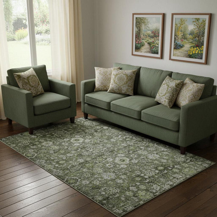 10' X 14' Oriental Washable Area Rug With UV Protection (653773) - Green / Ivory / Gray