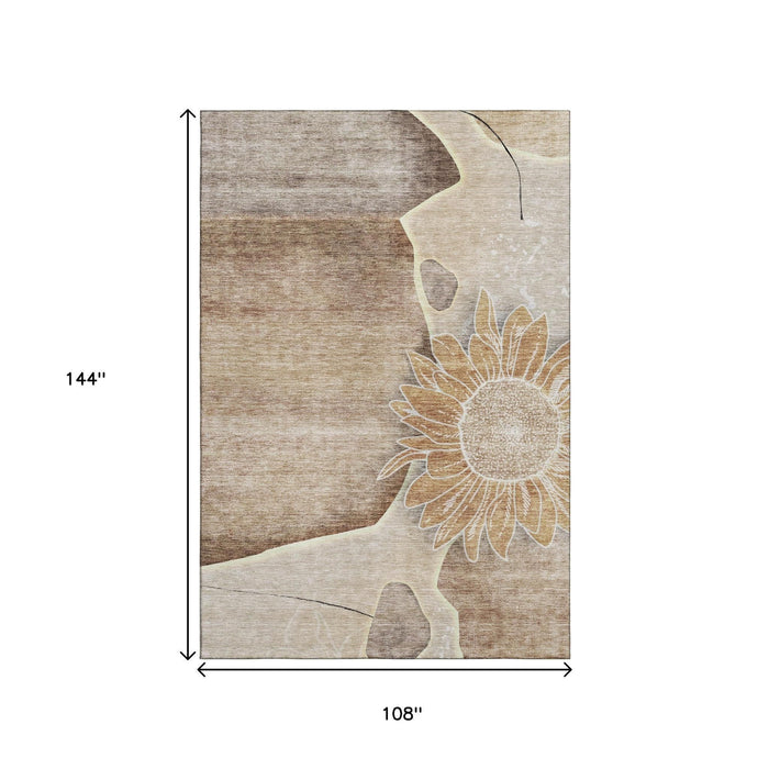 9' X 12' Floral Washable Area Rug With UV Protection (656788) - Brown / Beige