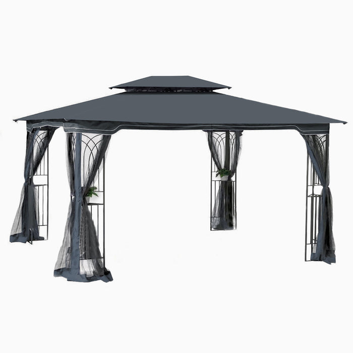 Giga patio gazebo tent with ventilated double roof and mosquito net, providing shaded outdoor shelter with protection from insects.