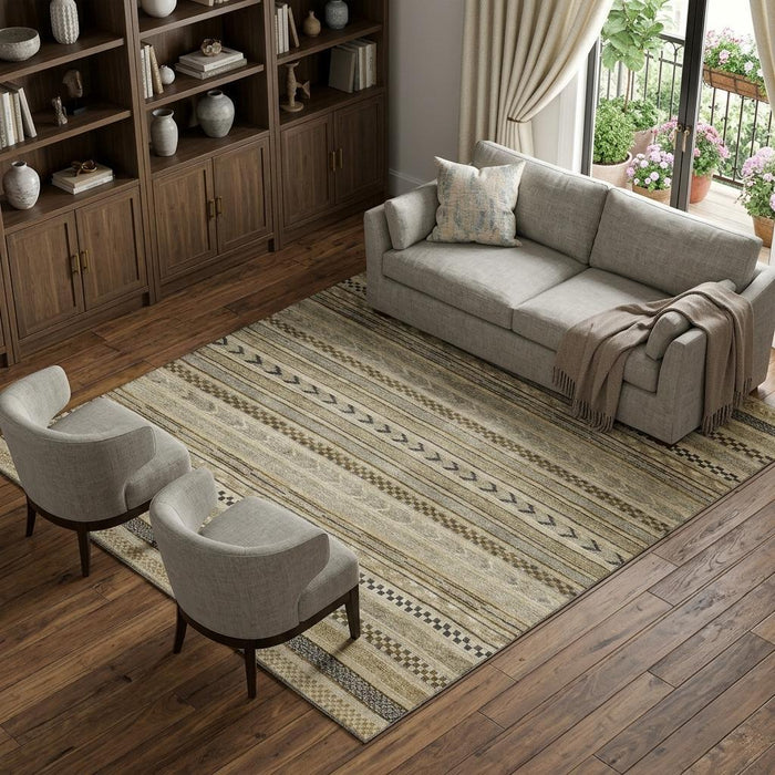 10' X 14' Striped Washable Area Rug With UV Protection (695174) - Chocolate / Gray / Ivory