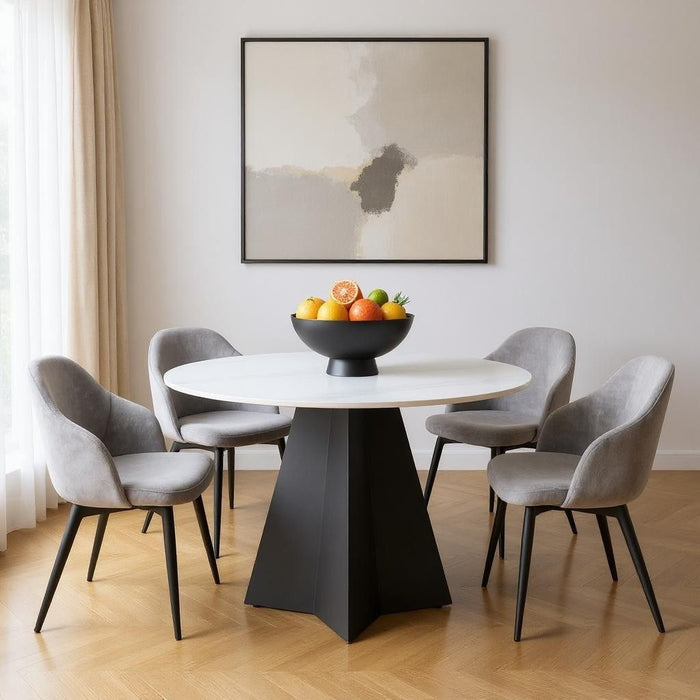 48" Sintered Stone And Steel Pedestal Base Round Dining Table - White