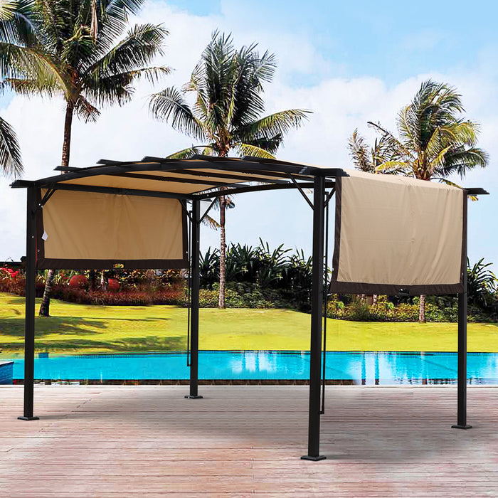 Giga outdoor patio pergola gazebo with steel frame and retractable canopy providing sun shelter in a garden setting