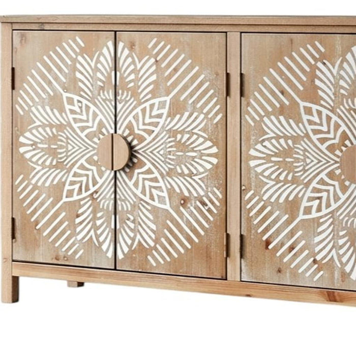 Wood Carved Floral Accent Cabinet With Four Doors - Brown / White