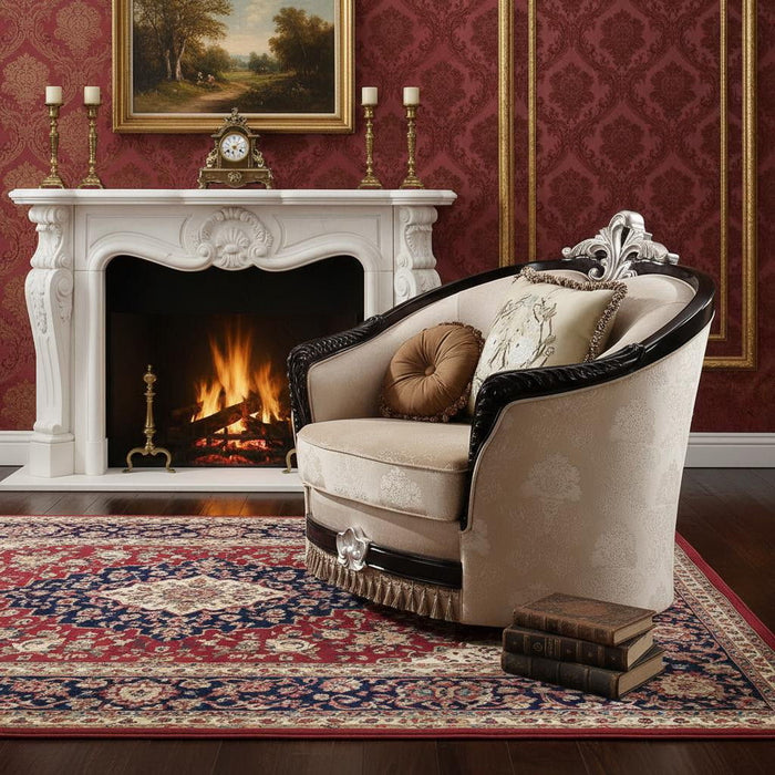Fabric And Black Ornate Frame Damask Arm Chair With Accent Pillows - Tan