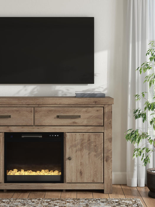 Signature Design by Ashley Garistyn TV stand with fireplace feature, showcasing a modern wooden TV console with integrated fireplace insert.