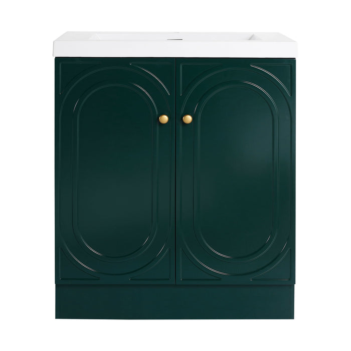 Giga contemporary freestanding bathroom vanity with resin sink and soft-close cabinet doors, modern bathroom furniture.