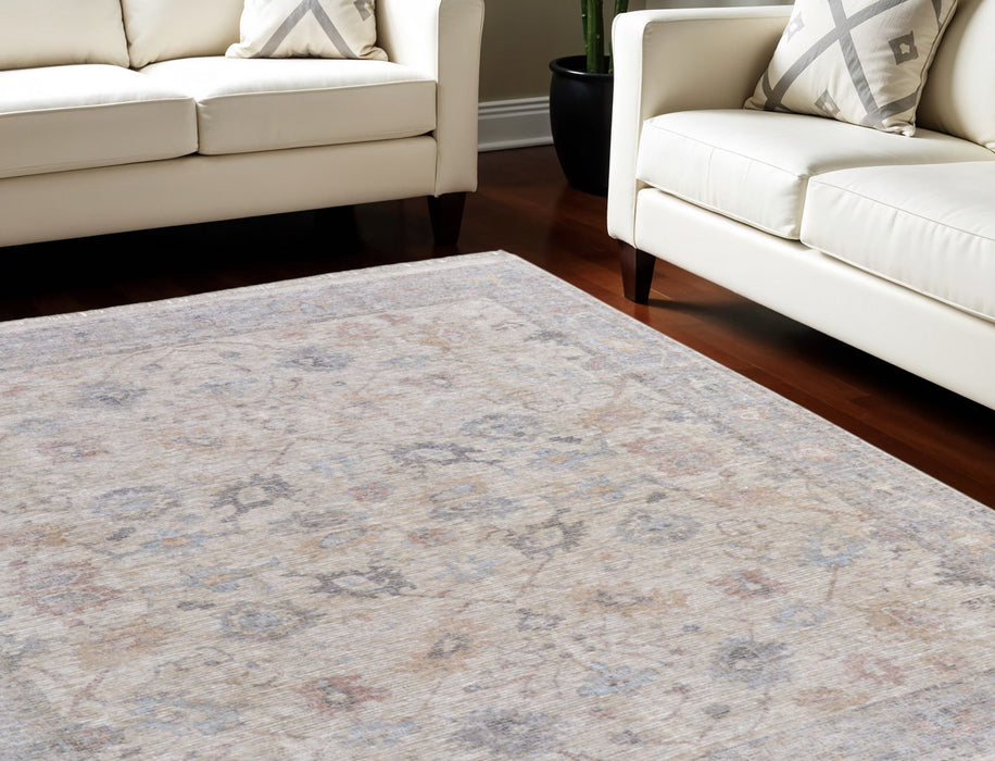 8' X 10' Floral Hand Woven Distressed Area Rug With Fringe - Ivory