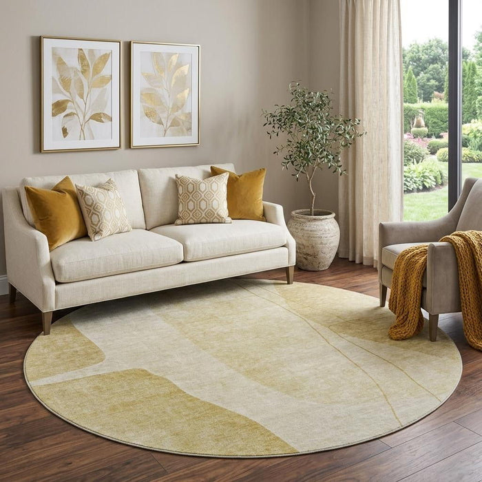 8' Abstract Washable Round Rug With UV Protection (656570) - Gold / Beige