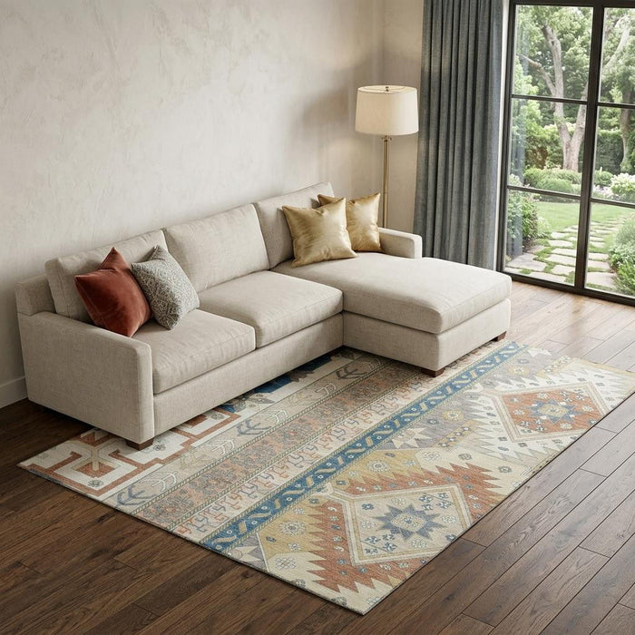 10' X 14' Southwestern Washable Area Rug With UV Protection (679630) - Ivory / Copper / Teal
