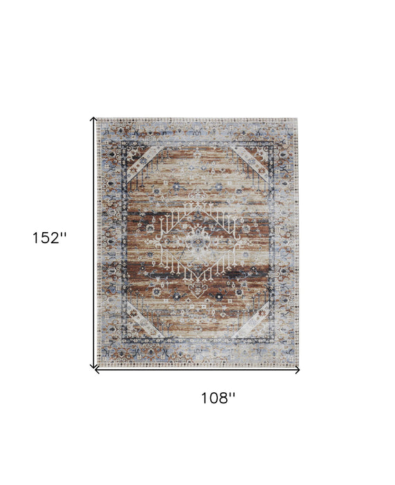 9' x 13' Abstract Power Loom Worn Faded Area Rug - Ivory Red And Blue