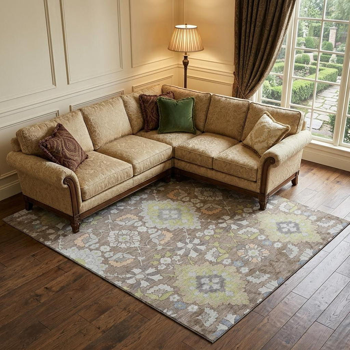 10' X 14' Oriental Washable Area Rug With UV Protection (678880) - Taupe / Peach / Artichoke Green