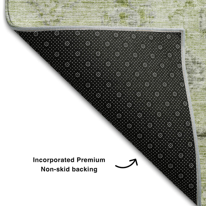 10' X 14' Damask Washable Area Rug With UV Protection (684570) - Artichoke Green / Gray / Silver