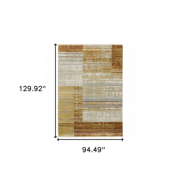 8' x 11' Geometric Power Loom Stain Resistant Area Rug With Fringe - Rust Gold Blue Gray Ivory And Tan