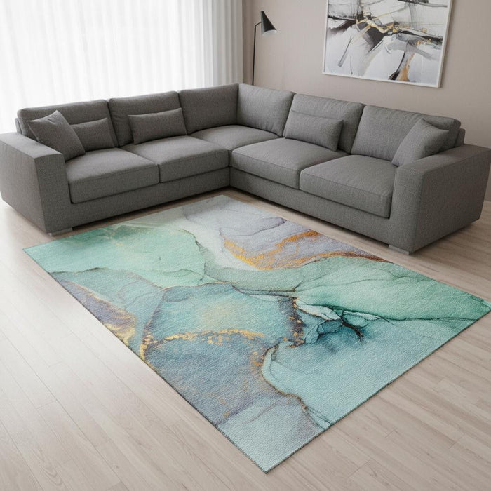 9' X 12' Abstract Washable Area Rug With UV Protection (646845) - Teal / Gold / Ivory