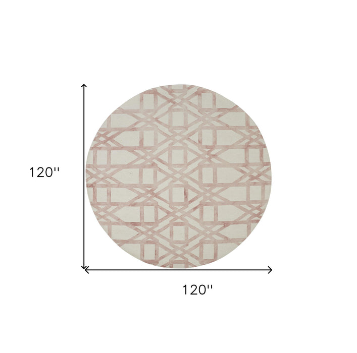 10' Wool Geometric Hand Tufted Round Rug - Pink And Ivory