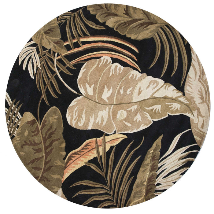 8' Hand Tufted Tropical Leaves Round Indoor Area Rug - Midnight Black