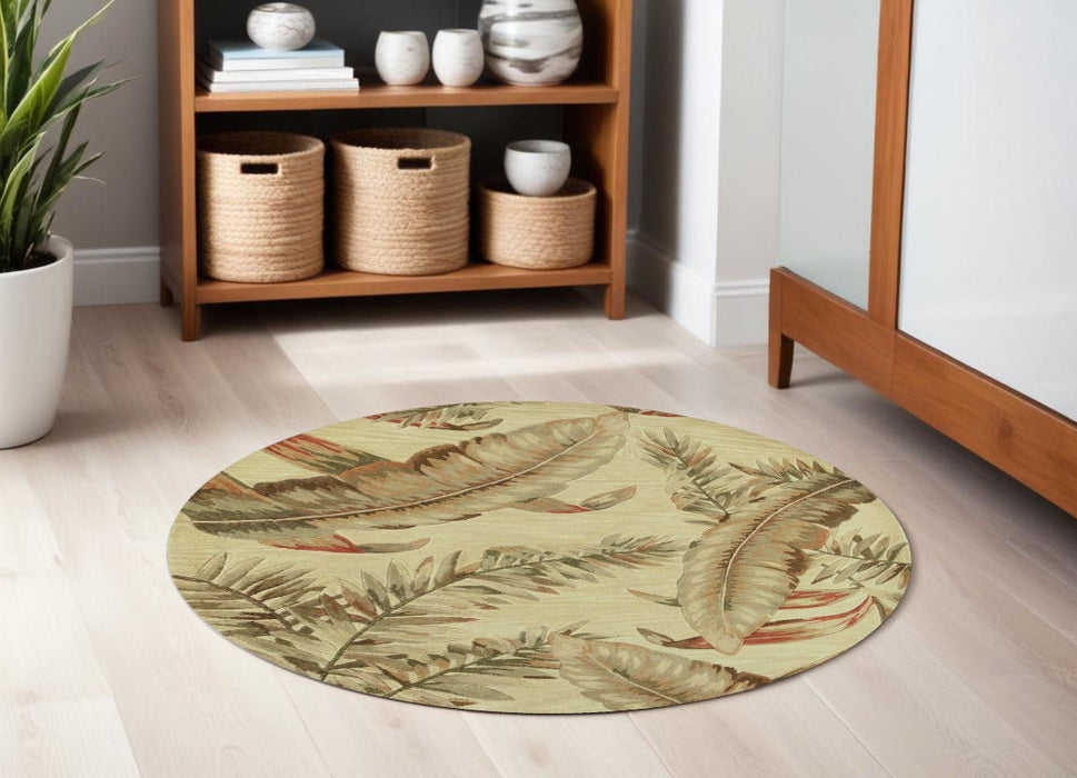 5' Wool Tropical Botanical Hand Tufted Round Rug - Light Brown And Brown