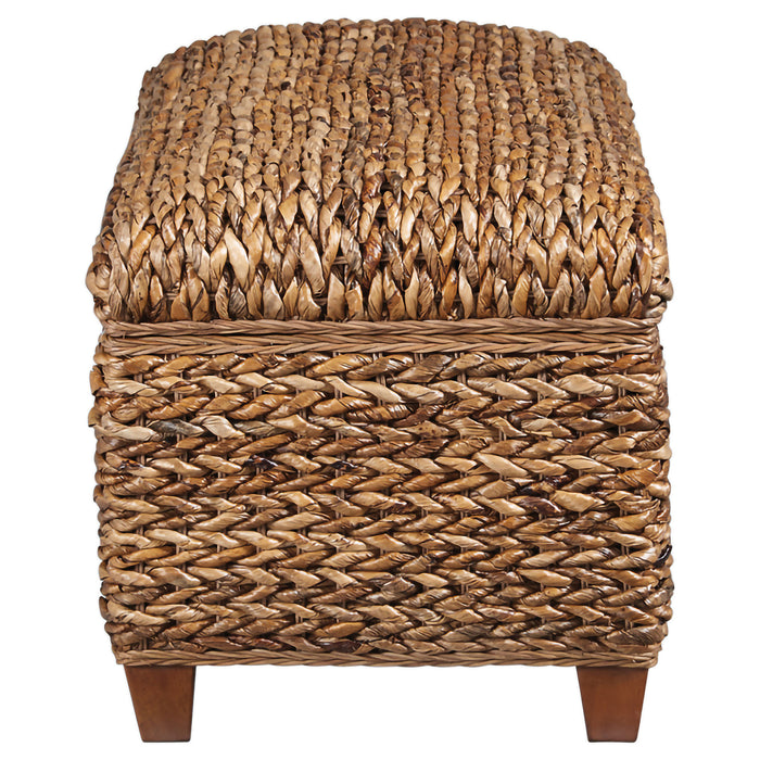 CoasterEssence Laughton hand-woven banana leaf storage bench in amber finish
