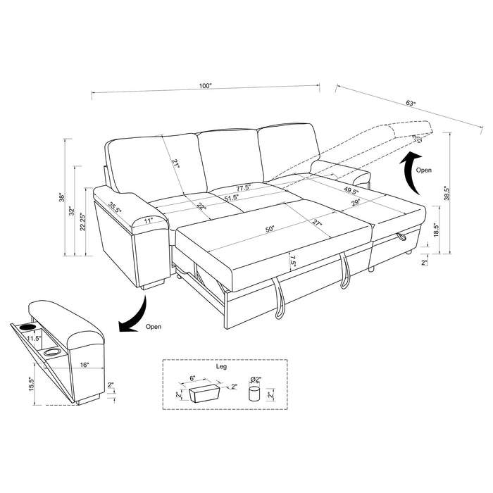 Demko Sleeper Sectional Sofa with Speaker and Storage Chaise Brown