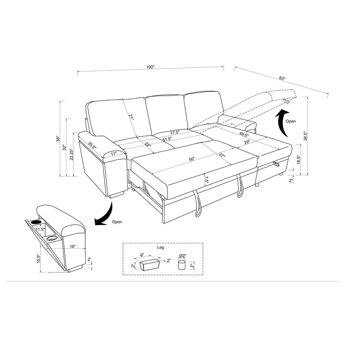 Demko Sleeper Sectional Sofa with Speaker and Storage Chaise Black