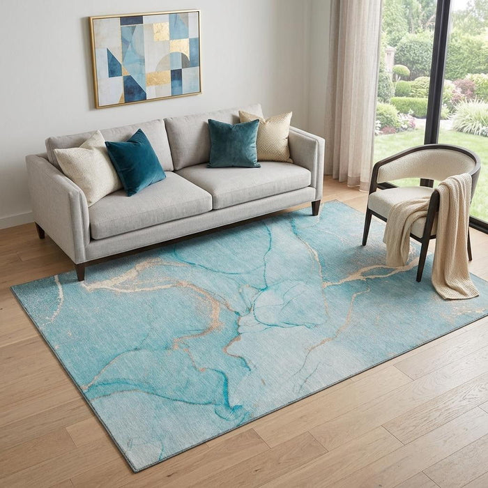 5' X 8' Abstract Washable Area Rug With UV Protection (646968) - Teal / Ivory