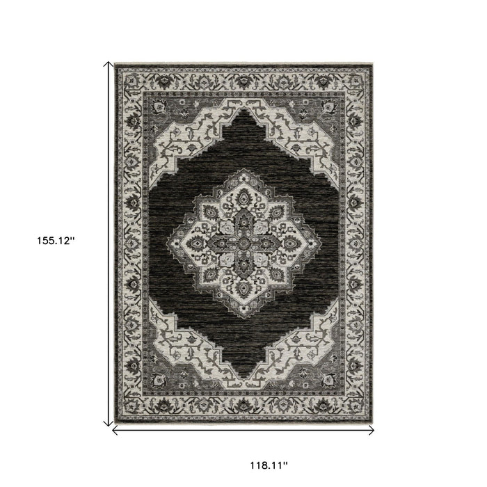 10' X 13' Medallion Area Rug With Fringe - Charcoal And Ivory