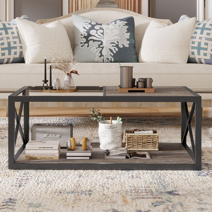 Giga industrial style coffee table with tempered glass top and wood grain finish, ideal for bedroom or living room decor.