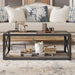 Giga industrial style coffee table with tempered glass top and wood grain finish, ideal for bedroom or living room decor.