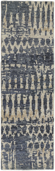 8' Wool Abstract Hand Knotted Runner Rug - Blue Gray And Tan