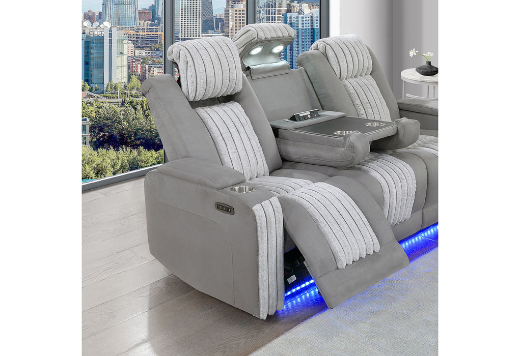 U8000 - Power Reclining Sofa With Power Headrest, Dropdown Table With Wood Trim & Reading Light & LED Light - Gray