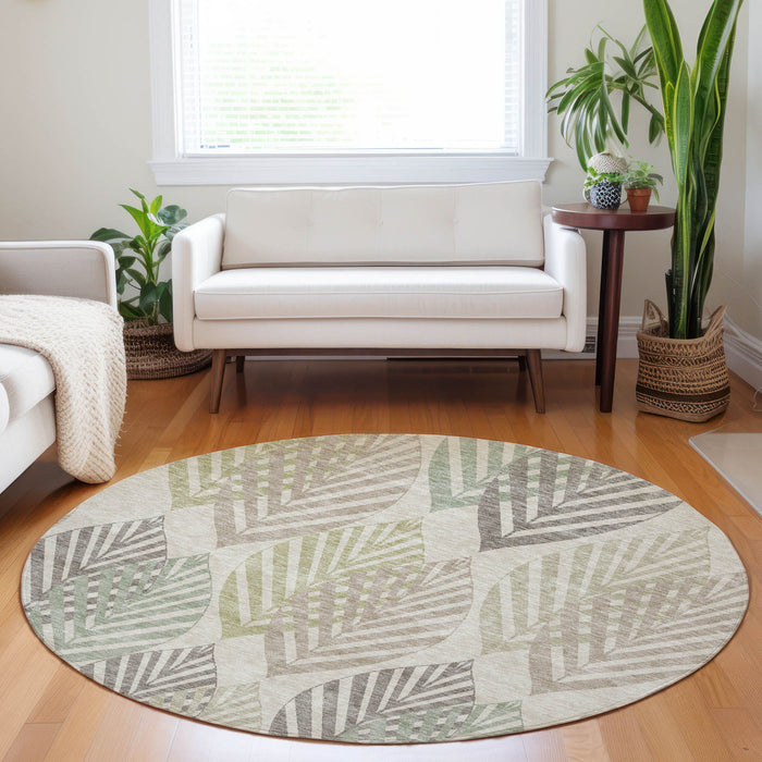 8' Transitional Floral Washable Round Rug With UV Protection - Beige
