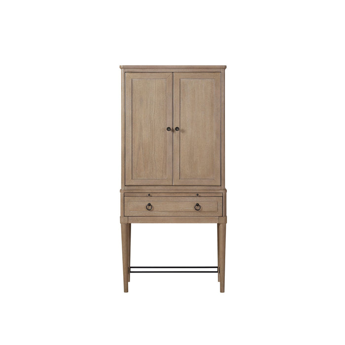 Sand-colored Bernards Furniture wine cabinet with storage shelves and a stylish bar design for home entertainment.