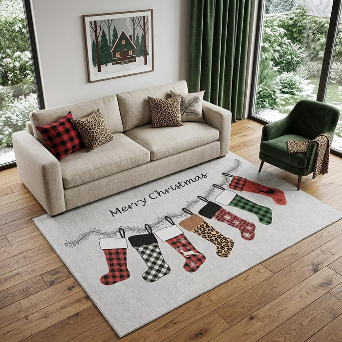5' X 8' Christmas Stockings Washable Area Rug With UV Protection (646429) - Gray / Red / Green