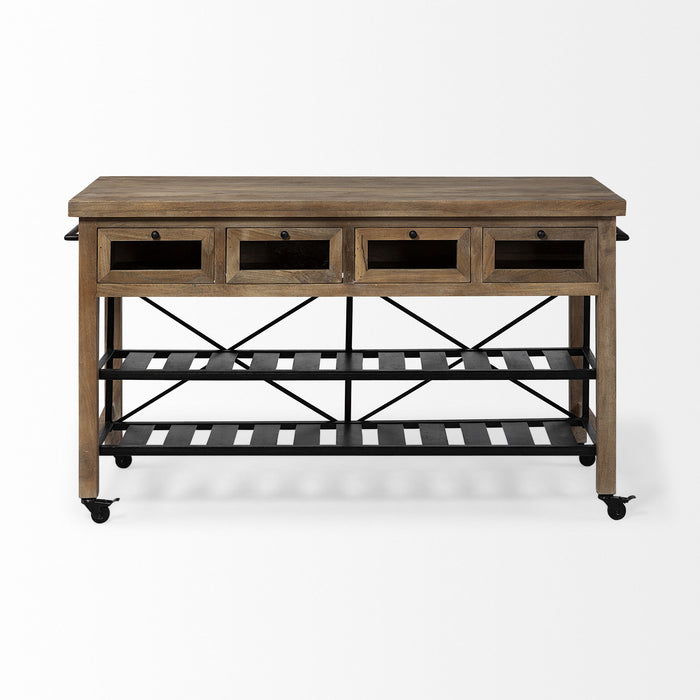 Solid Wood Top Kitchen Island With Two Tier Metal Rolling - Brown