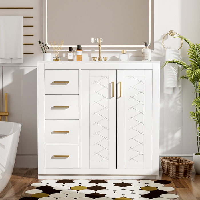 Giga bathroom vanity with sink, storage cabinet, three drawers, soft-closing doors, freestanding design for modern bathrooms.