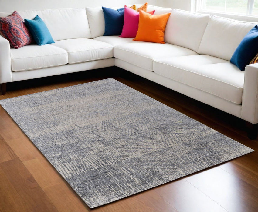 5' x 8' Abstract Hand Woven Worn Faded Area Rug - Gray Ivory And Blue
