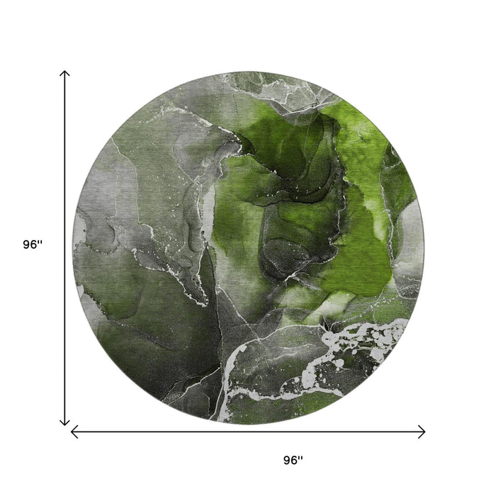 8' Abstract Washable Round Rug With UV Protection (646677) - Green / Charcoal