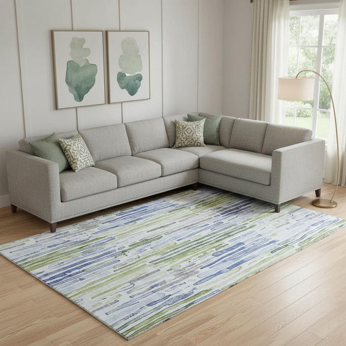 10' X 14' Striped Washable Area Rug With UV Protection (697140) - Sky Blue / Green / Ivory