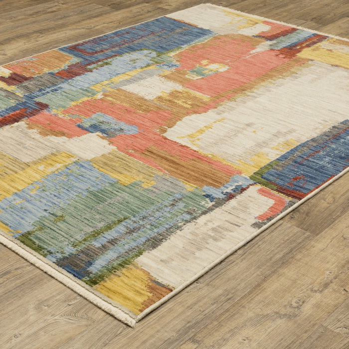 5' X 8' Abstract Area Rug With Fringe - Beige And Salmon