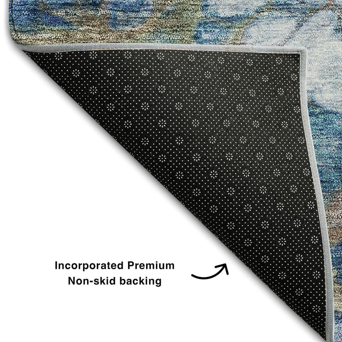 9' X 12' Abstract Washable Area Rug With UV Protection (656716) - Coral / Blue / Ivory
